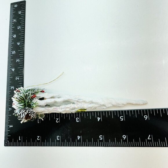 Vintage Christmas Ornament Cardinal In Pine Nest On White Glittered Icicle 6" - Picture 9 of 15